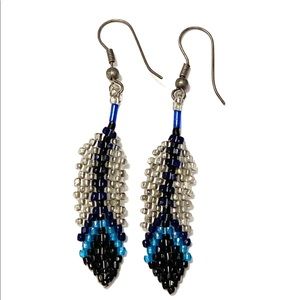 ARTISAN Hand beaded Feather 🪶 Earrings Blue Black Dangle